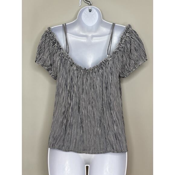 VTG American Eagle Womens Milkmaid Flowy Top XL Blue White Nautical Peasant Boho - Picture 3 of 10